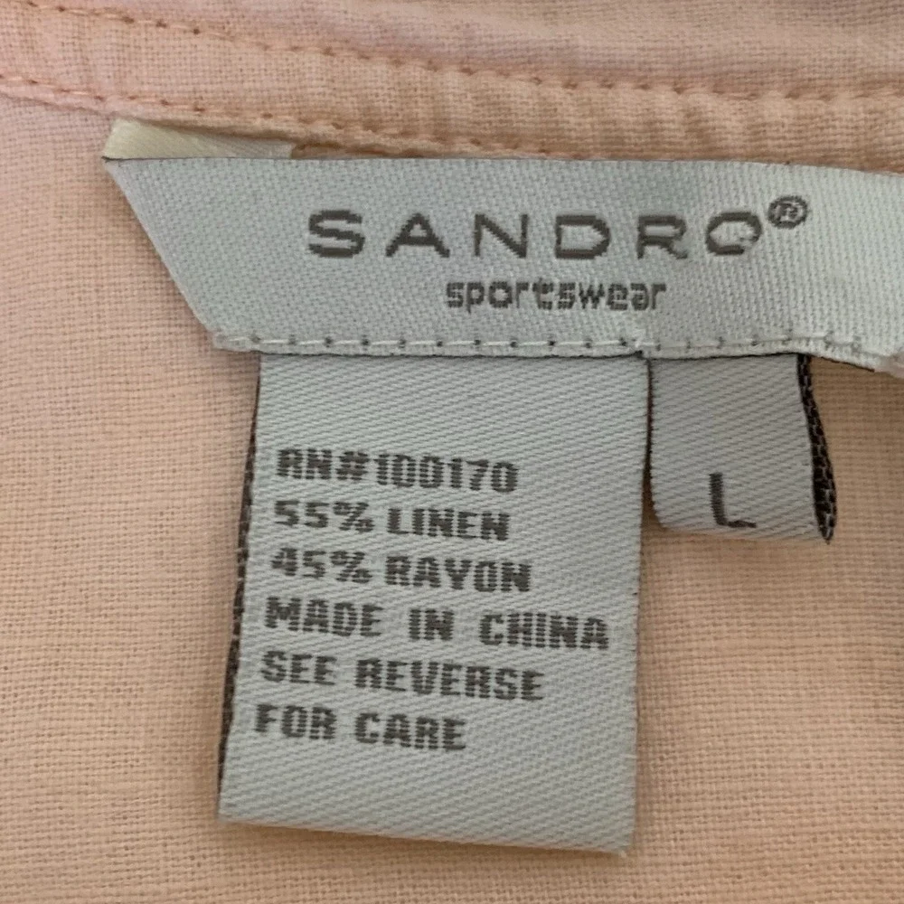Sandro Shirt Women L Pink Peach Bow‎ Linen Beach Coastal Lagenlook Preppy Resort